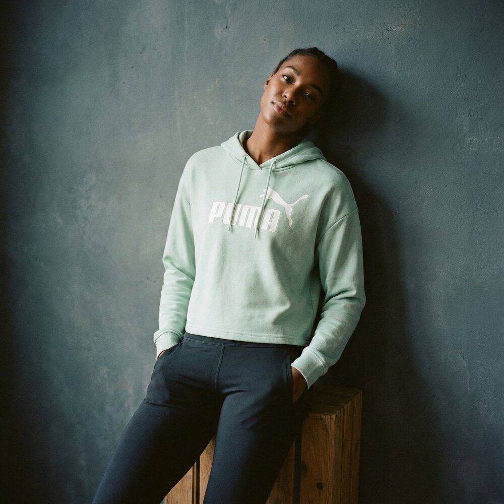 PUMA Womens S Cropped Hoodie Teal Green Cotton Logo Y2K Athleisure Casual - Picture 1 of 7